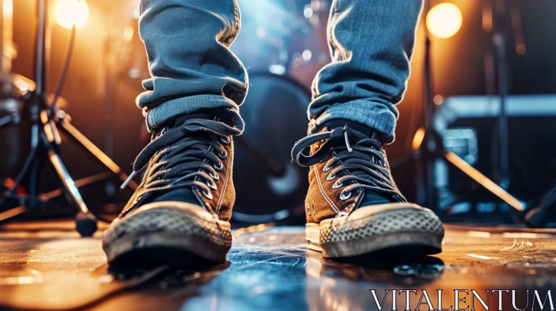 Close-up Person's Feet Worn Sneakers Stage AI Image