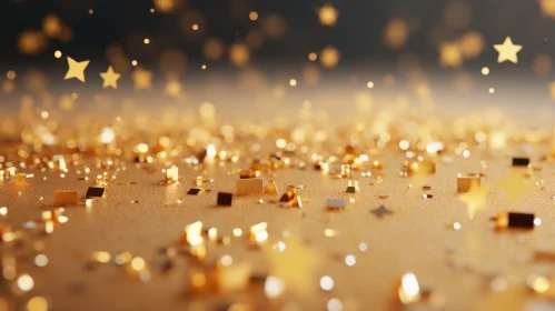 Golden Surface with Stars and Confetti - 3D Rendering