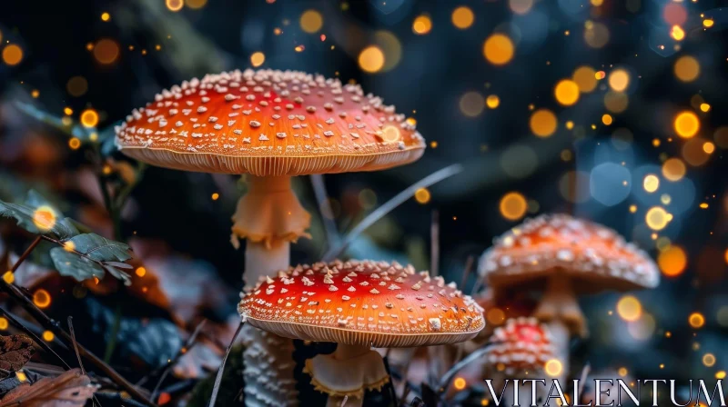 Red and White Mushroom Forest Bokeh Close-up AI Image
