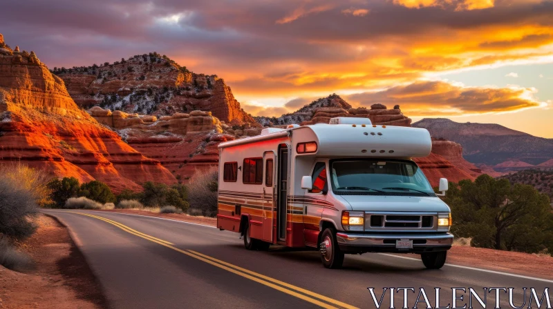 Scenic Desert Road Trip with RV at Sunset AI Image