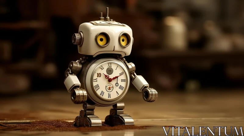 Small Metal Robot with Clock Head - 3D Rendering AI Image