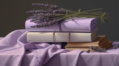 Stack of Books and Lavender Bouquet Still Life