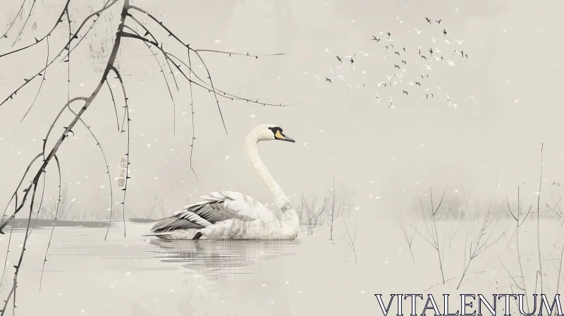 AI ART Tranquil Chinese Swan Painting in Misty Landscape