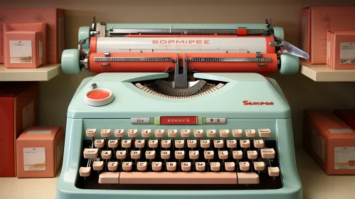 Vintage Blue and Pink Typewriter on Shelf