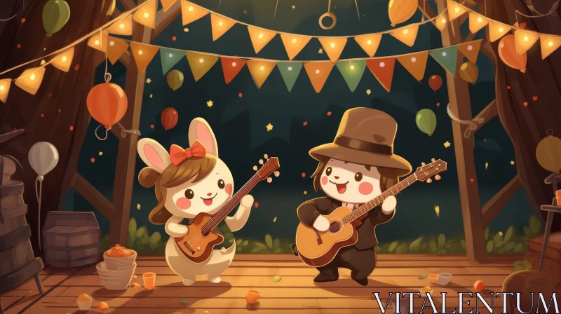 Cartoon Illustration: Rabbits Playing Guitars on Stage AI Image