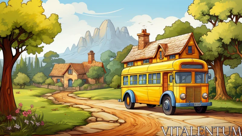 Cartoon Landscape with Yellow School Bus on Countryside Road AI Image