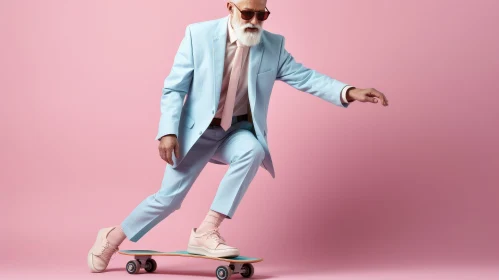 Elderly Man Skateboarding in Blue Suit