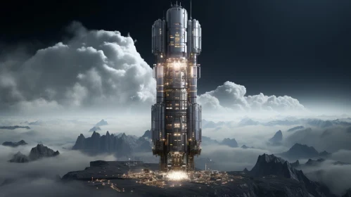 Futuristic Metal Tower in Science Fiction Scene