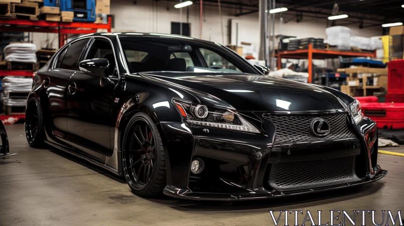 Meticulously Detailed Black Lexus Hybrid in a Warehouse AI Image