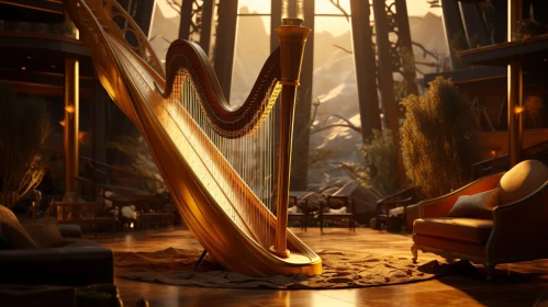 Serene Harp Music in Classical Room
