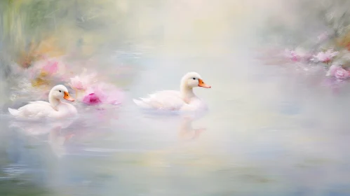 Tranquil Ducks Swimming in Pond Painting