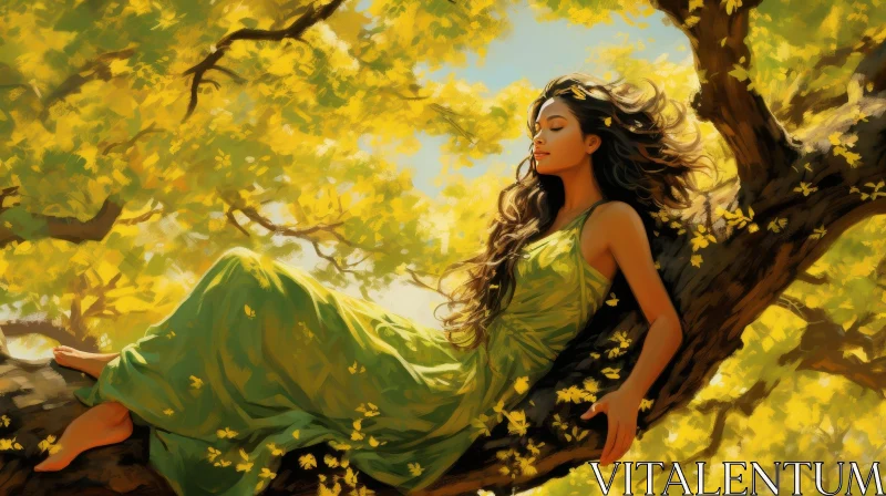 Tranquil Woman in Green Dress Painting AI Image