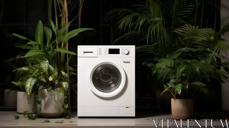 White Washing Machine Among Tropical Plants AI Image