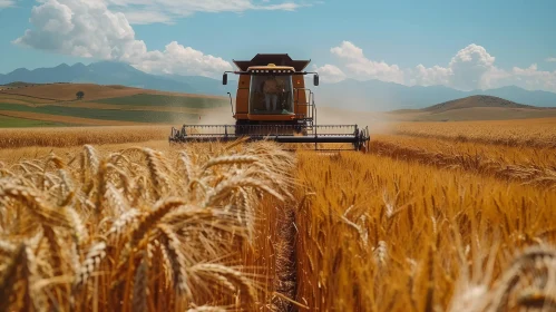 Yellow Combine Harvester in Ripe Wheat Field