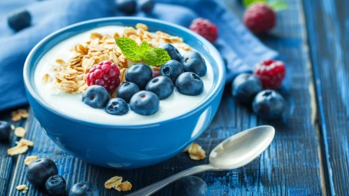 Blue Bowl of Yogurt with Berries and Granola