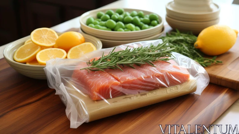 Fresh Salmon Fillets on Cutting Board with Rosemary and Lemon AI Image