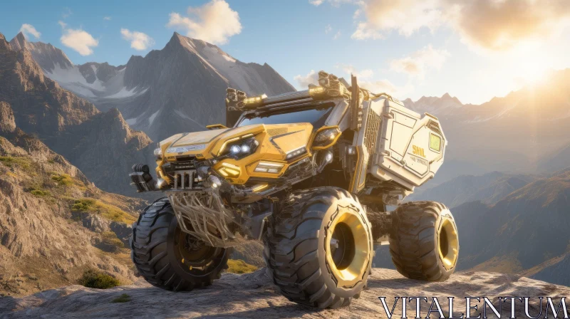 Futuristic Yellow and Black Six-Wheeled Vehicle on Rocky Terrain AI Image