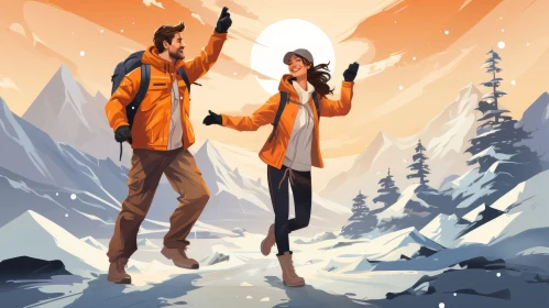 Mountain Hiking Adventure - Smiling Couple in Orange Jackets