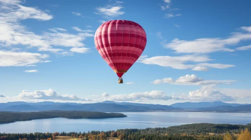 Pink Hot Air Balloon Flight Over Lake and Mountains