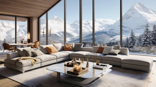 Serene Modern Living Room with Snowy Mountain View