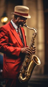Soulful Jazz Saxophonist in Red Suit and Straw Hat