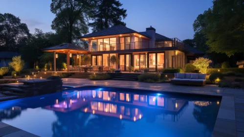 Tranquil Night Scene: Modern House with Pool