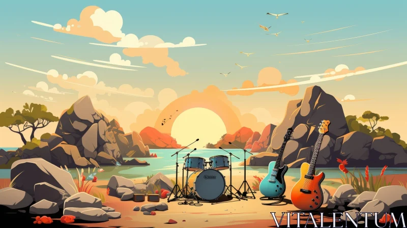 Tranquil Sunset Beach with Drum Set and Guitar AI Image