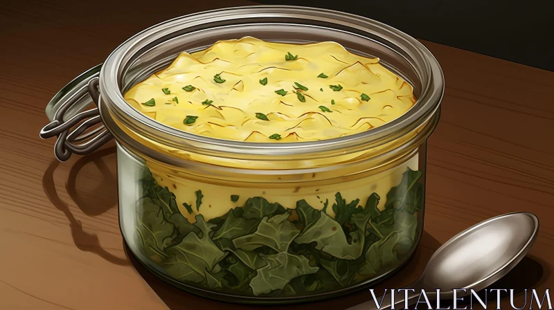Creamy Kale Soup with Melted Cheese in Glass Jar AI Image
