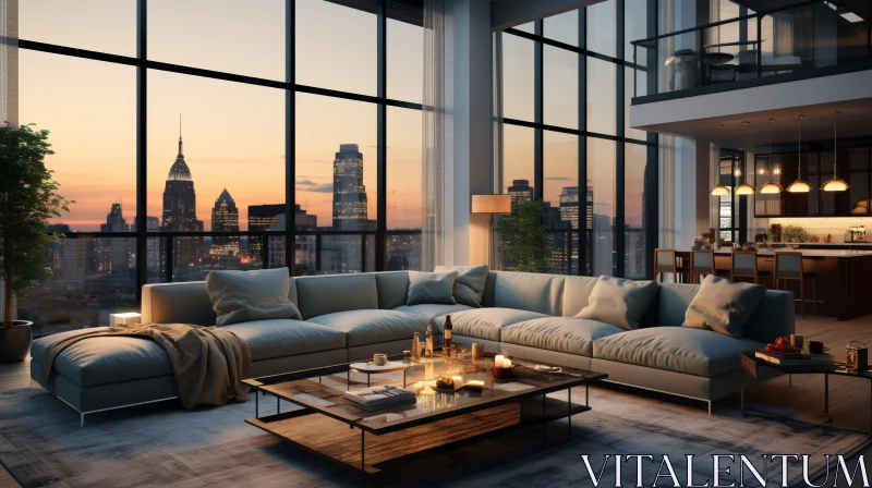AI ART Modern Living Room with City Skyline View at Sunset