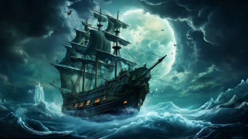 Moonlit Pirate Ship Sailing Through Stormy Night