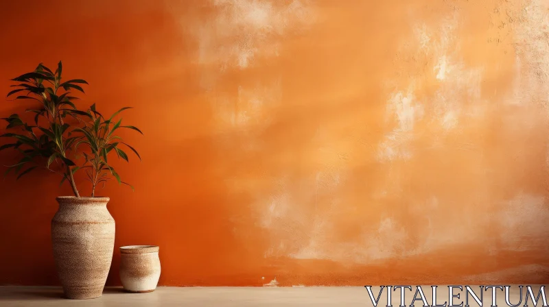 Orange Wall Living Room with Ficus Plant AI Image