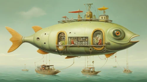 Surreal Fish-Shaped Airship Painting