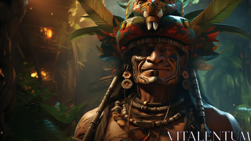 Traditional Man with Feathers and Face Paint in Jungle Setting AI Image