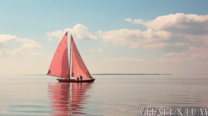 AI ART Tranquil Red-Sailed Boat on Calm Sea