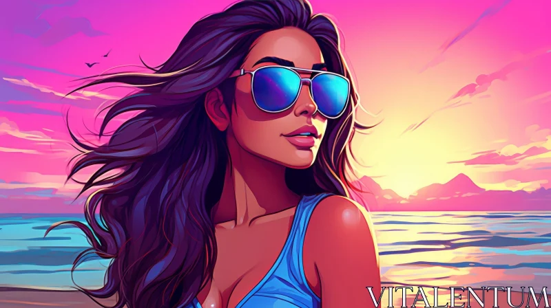 AI ART Young Woman in Blue Swimsuit on Beach Vector Illustration