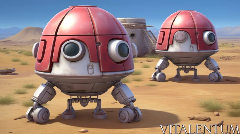 Adorable Robots in Desert Scene AI Image