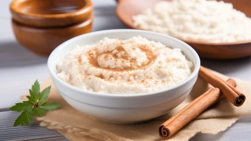 Delicious Rice Pudding with Cinnamon on Wooden Table