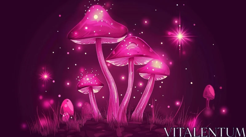 Enchanting Pink Glowing Mushrooms in Dark Forest AI Image