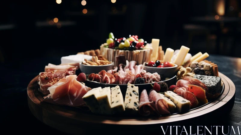 Exquisite Cheese and Charcuterie Platter on Wooden Board AI Image