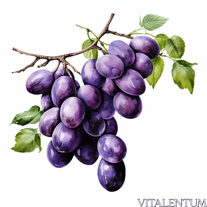 Exquisite Watercolor Illustration of Purple Grapes on Branch with Leaves AI Image