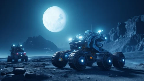 Futuristic Moon Rovers on Rocky Landscape