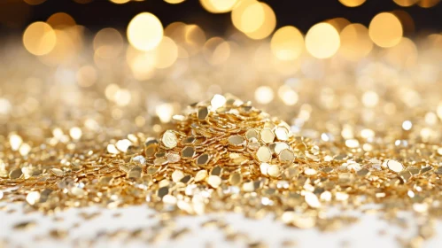 Luxurious Gold Coins on White Surface with Blurred Golden Lights