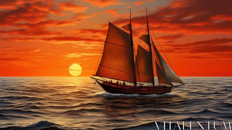 Sailing Ship at Sea Sunset Painting AI Image