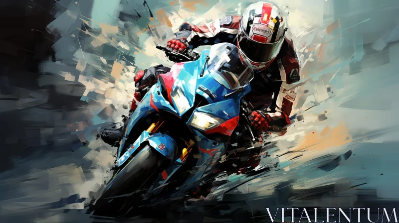Speedy Motorcycle Rider in Blue and Red Racing Suit AI Image