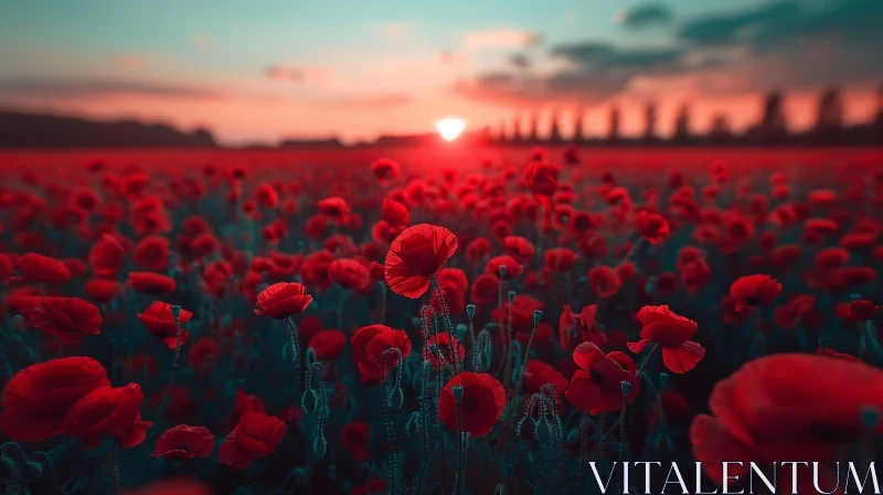 Tranquil Field of Red Poppies at Sunset AI Image