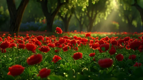 Tranquil Field of Red Poppies in Full Bloom