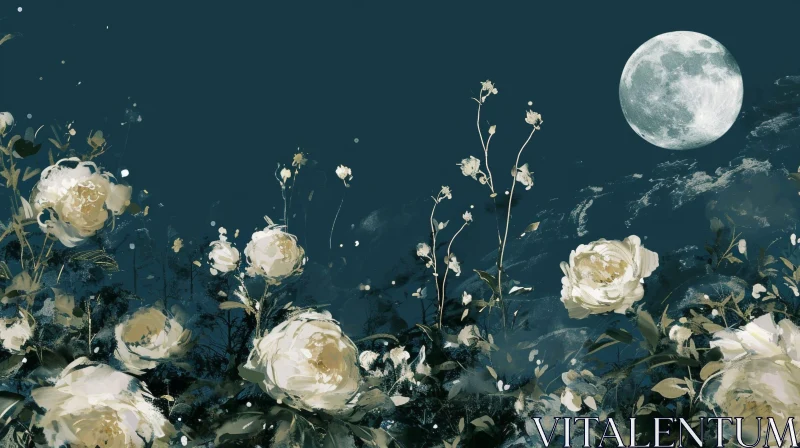 White Rose Bush under Full Moon - Serene Floral Landscape AI Image