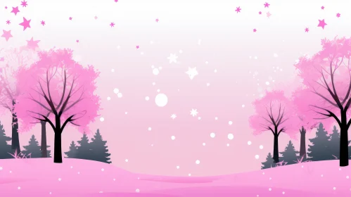 Winter Landscape with Falling Pink Stars