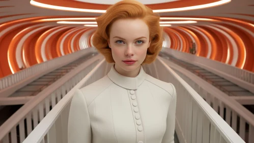 Young Woman in White Suit with Red Hair in Futuristic City