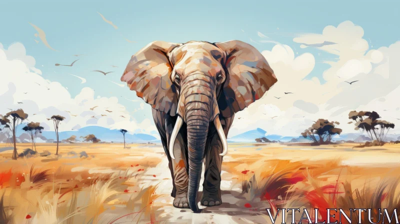 AI ART Elephant Walking in African Savanna - Wildlife Digital Painting